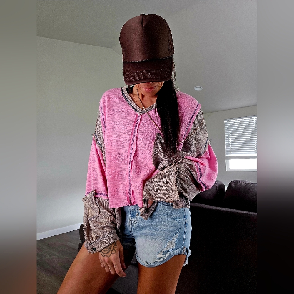 POL Pink and Gray Relaxed Crop Hoodie